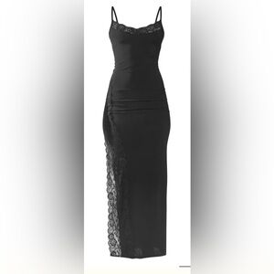 Pretty Little Thing- elegant lace trim black maxi dress w slit- Worn Once